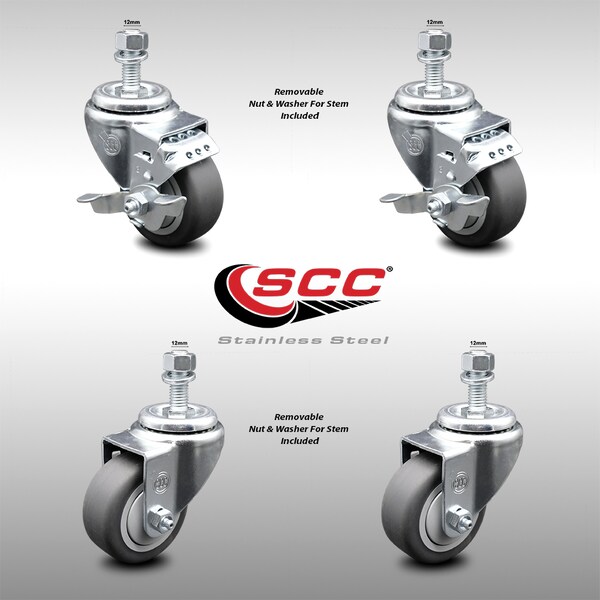 Service Caster 3.5 Inch SS Thermoplastic Rubber Swivel 1/2 Inch Threaded Stem Caster Brakes, 2PK SCC-SSTS20S3514-TPRB-M1215-2-TLB-2 - main